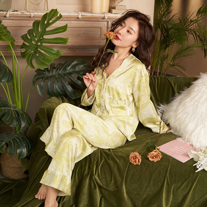 PICKBIRD 2023 spring new simple natural imitation silk pajamas yellow pattern V-neck women's household clothes