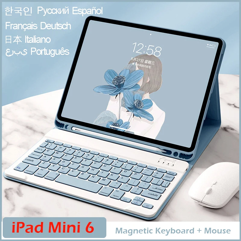 Wireless Keyboard Case for iPad Mini 6 Magnetic Case with Keyboard and Mouse Smart Case for iPad Mini 6th Gen Foldable PU Case