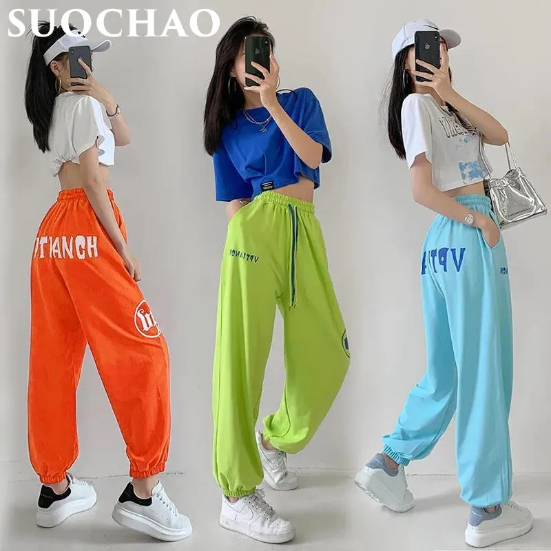 

Новые женские модные Свободные повседневные длинные брюки SUOCHAO с высокой талией в стиле хип-хоп для танцев