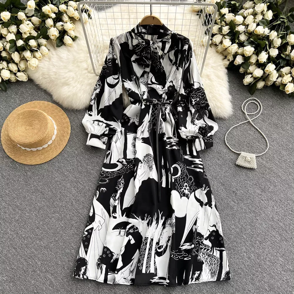 

Spring Ink Pattern Printed Dress Women Elegant Bow Collar Puff Long Sleeve Chiffon Robe High Waist Vestidos Female New Fashion