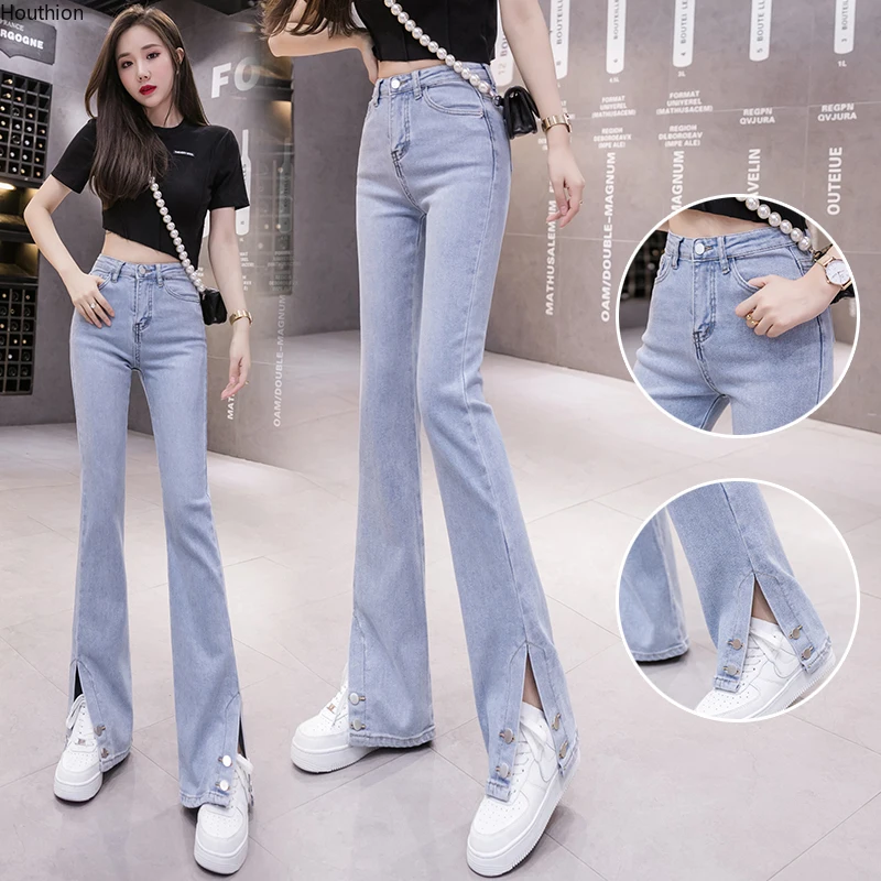 

New Women's Denim Jeans Summer Korean Solid Fashion Casual Buttons Pencil Pants Split Fork Pocket Female Clothing