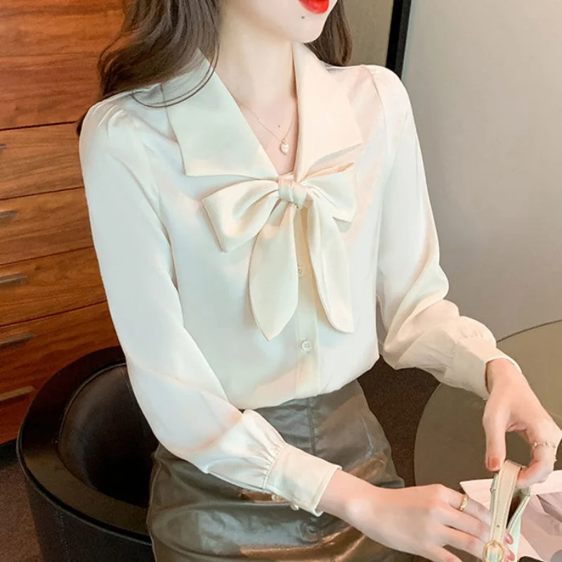 Long Sleeve 2022 Spring and Autumn Solid Color Chiffon Shirt Mujer Top Blouse Women Tops 3XL Elegant Lady Bow Chic Shirt Women