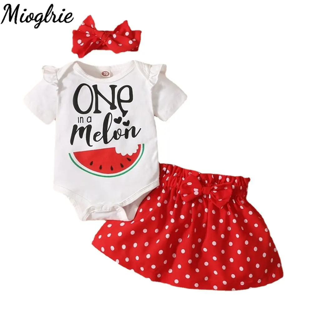 

Newborn Baby Girl Clothes Suit Short Sleeve Watermelon Printed Romper Polka Dot Skirt with Headband 3PCS Toddler Girl Outfit Set