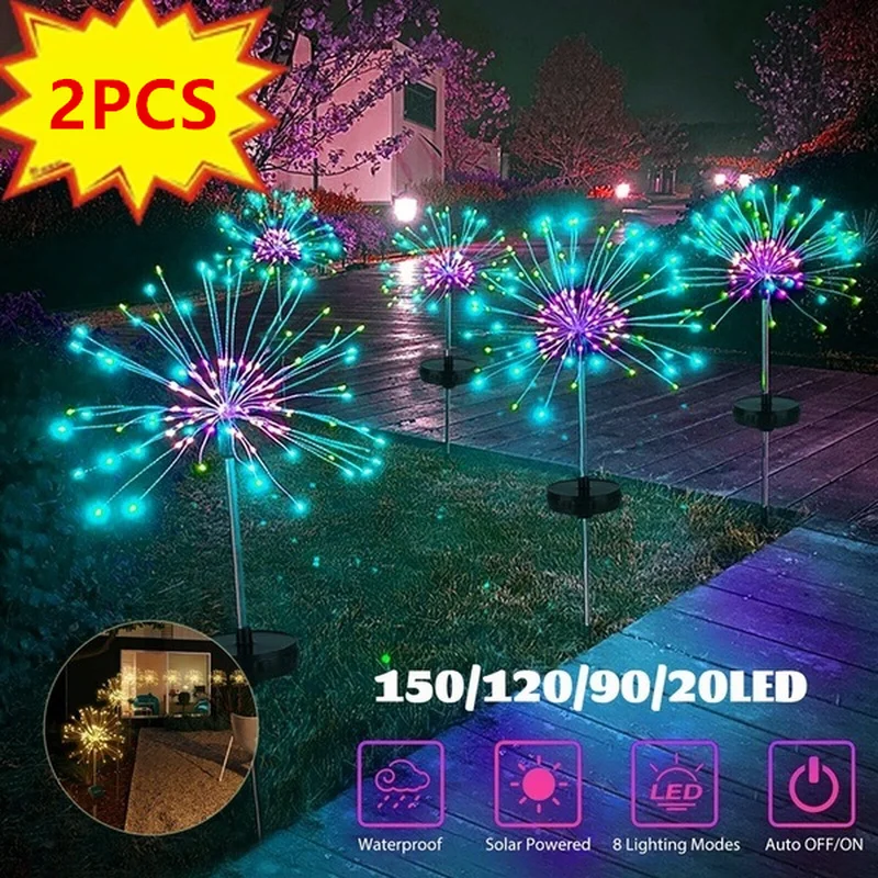 Outdoor LED Solar Fireworks Lights 90/120/150 LEDs Waterproof String Fairy Light For Garden Home Christmas Decoration(1/2Pcs)