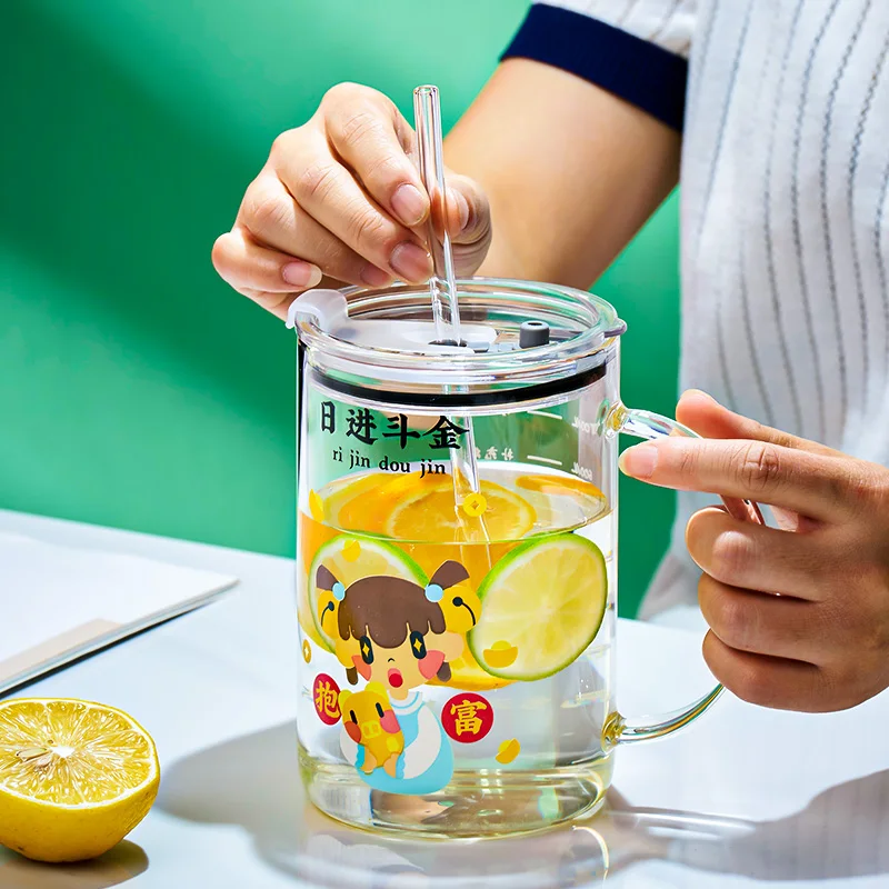 

GIANXI Glass Cup Transparent Drinking Utensil With Lid Straw Creative Large Capacity Coffee Mug Wine Milk Beer Juice Drinkware