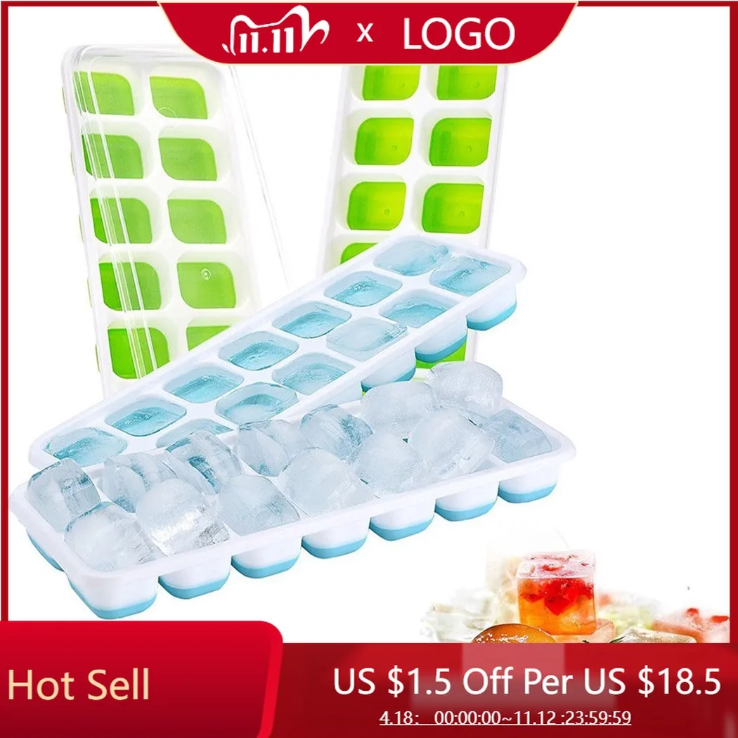 

14 Holes Silicone Ice Cube Tray Ices Maker Mold Trays Containers With Cover Silicone + PP Green/ Blue Kitchen Tools Gadgets
