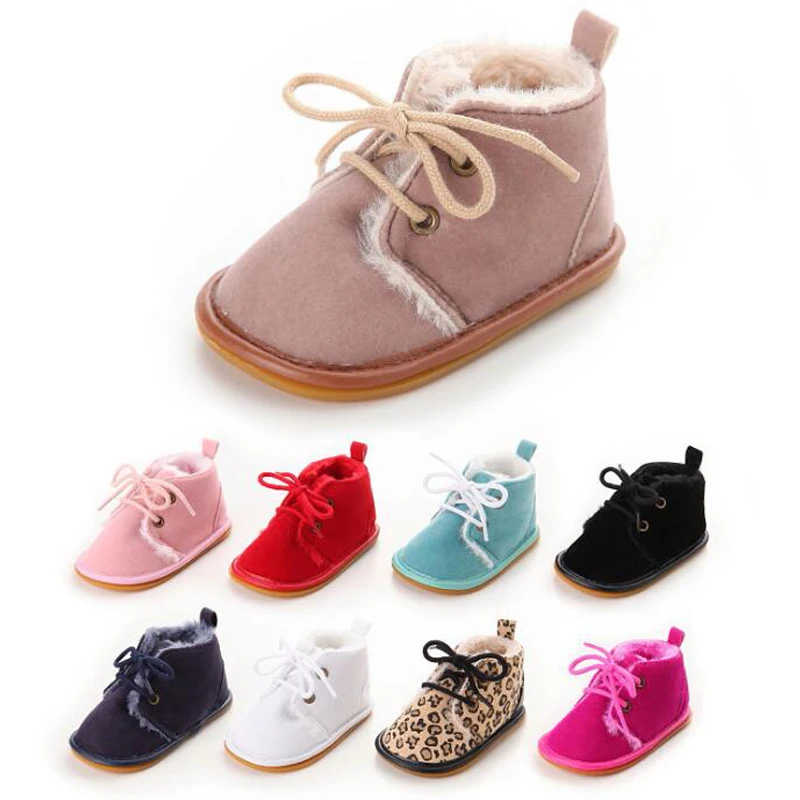 New Suede Leather with Fur solid Newborn Baby shoes toddler Girl boy First Walkers shoes lace-up super warm Plush boots