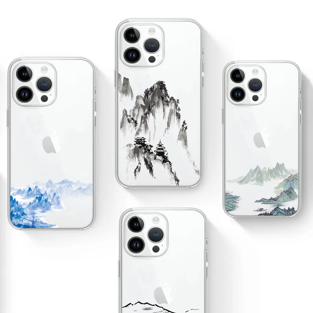 Transparen Luxury Phone Case For Apple iPhone 13 14 12 Mini 11 Pro Max X XS XR 7 8 Plus 6 6S SE Cover Ink Painting Landscape