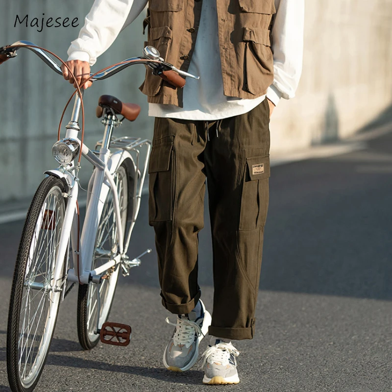 

Solid Cargo Pants Men Drawstring Cuffs Loose Sporty Revalent Mid Waist Temperament Spring Summer Korean Style Ankle Length Ins