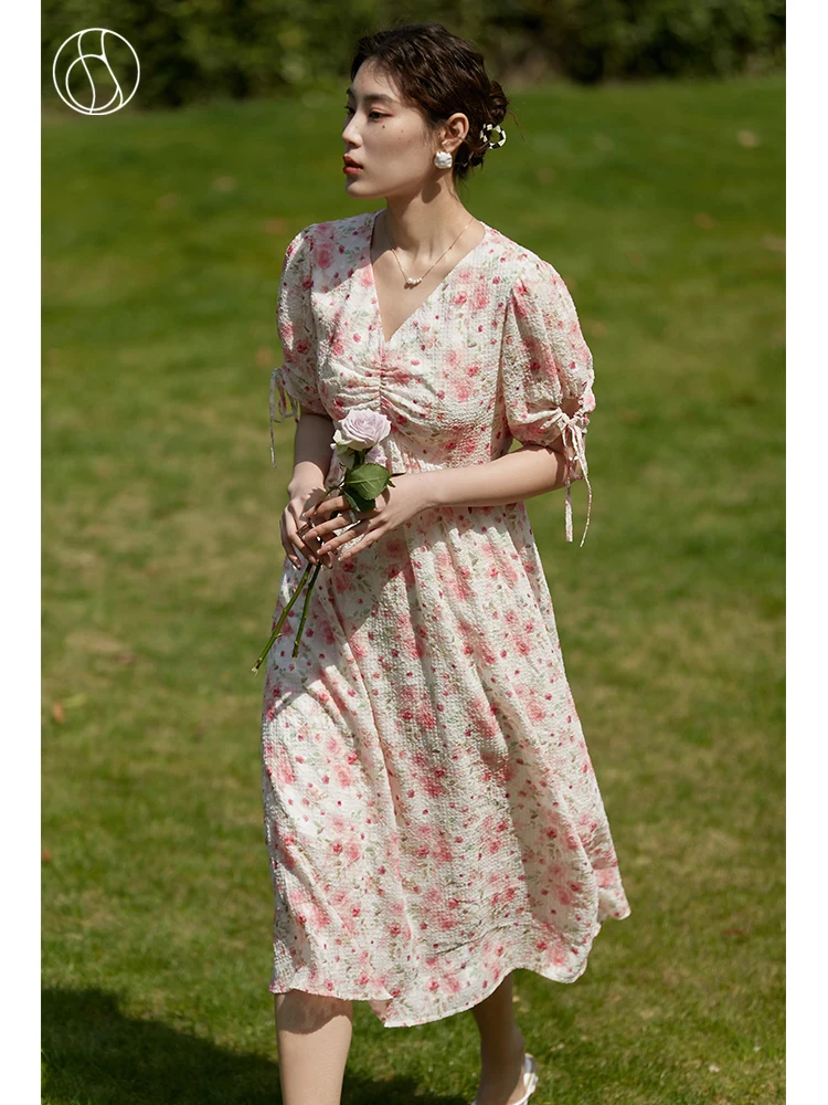 

DUSHU French Romantic Style Women Dress V-neck Smocked Bubble Crepe Special Ladylike Date Long Skirts 2022 Summer New