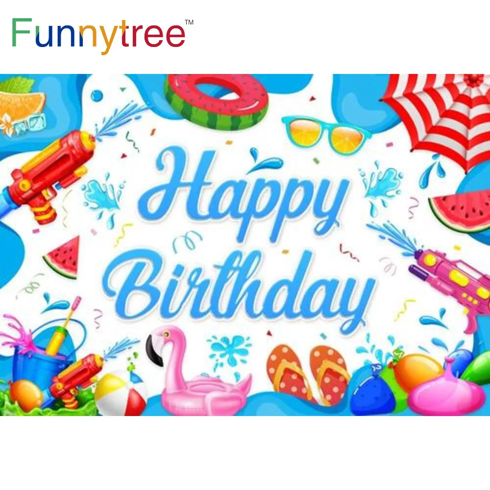 

Funnytree Summer Swimming Pool Birthday Party Backdrop Tropical Flamingo Spray Children Decor Photography Props Background