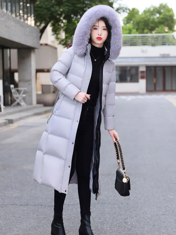 New Women Down Coat Winter Fashion Hooded Real Fox Fur Collar Belt Slim Long Down Jacket Thicken Warm White Duck Down Overcoat