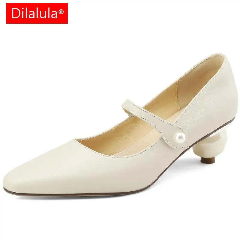 

Dilalula Women Pumps Spring Summer Elegant Office Party Wedding Strange Heels Genuine Leather New Pearl Mary Janes Shoes Woman