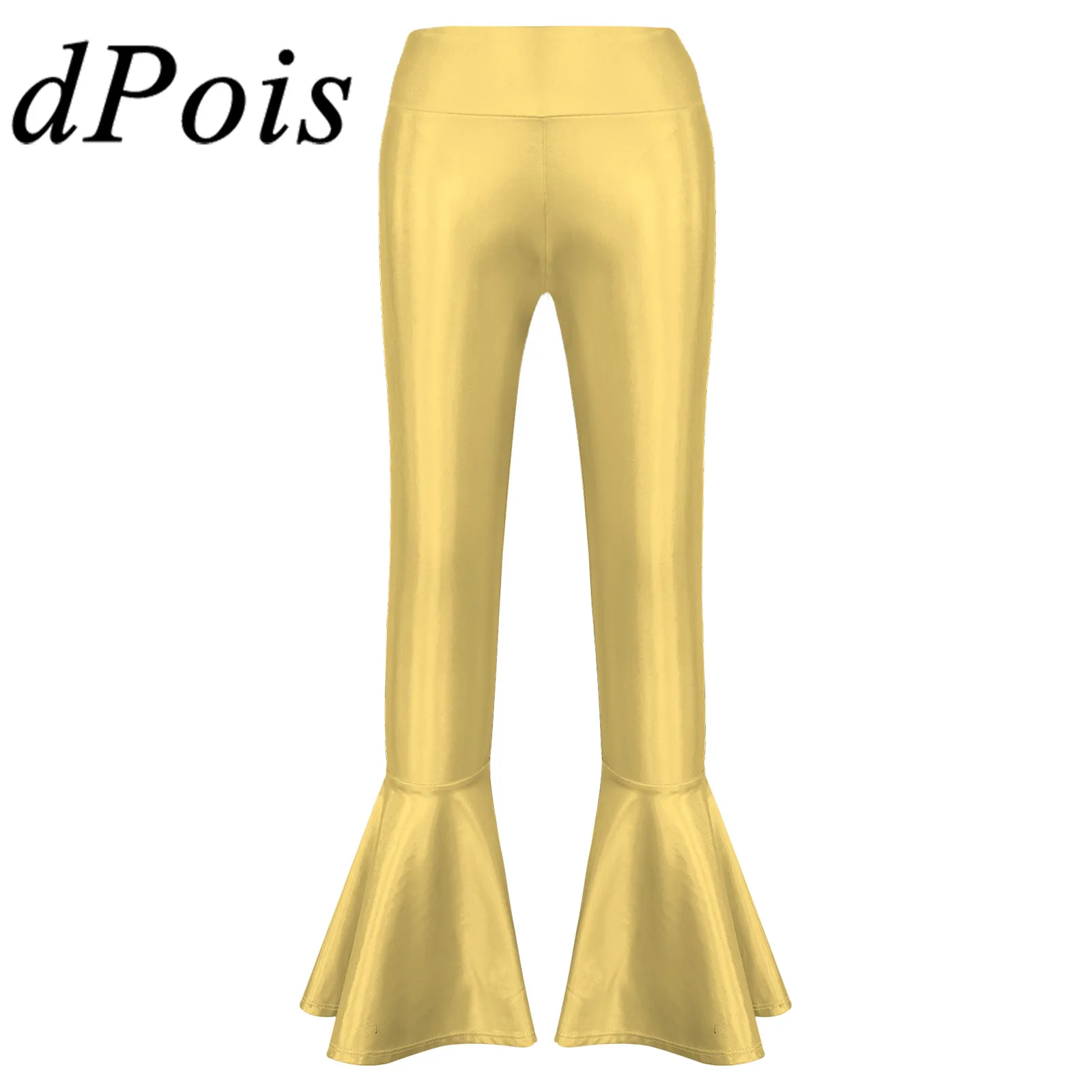 

Girls Shiny Metallic Ruffled Long Pants Trousers Bell-bottom Dancewear Kids Leggings for Dancing Childrens Jazz Dance Costume
