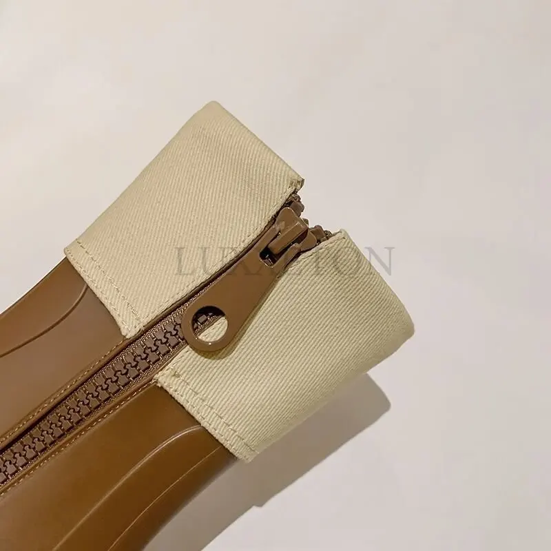 Women Short Boots Spring And Autumn Square Toe Women's Flanging Boots Mid-tube High Heel Boots Brown Boots Botas De Mujer