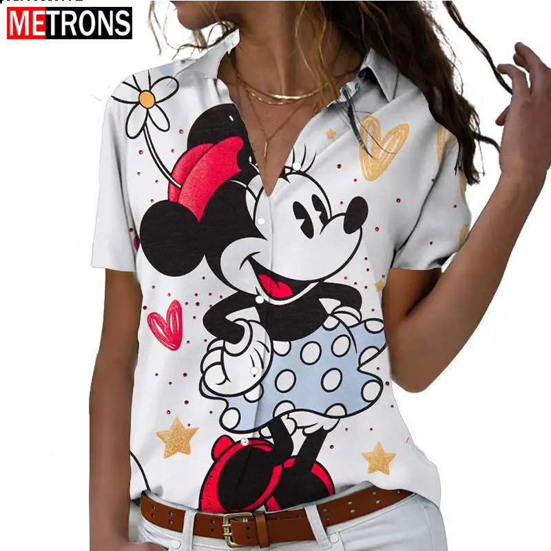 

Disney Minnie Mouse3D Printed Women's Shirt Stripes Fashion Temperament Hawaiian Style Short Sleeve Casual Loose Button Shirt