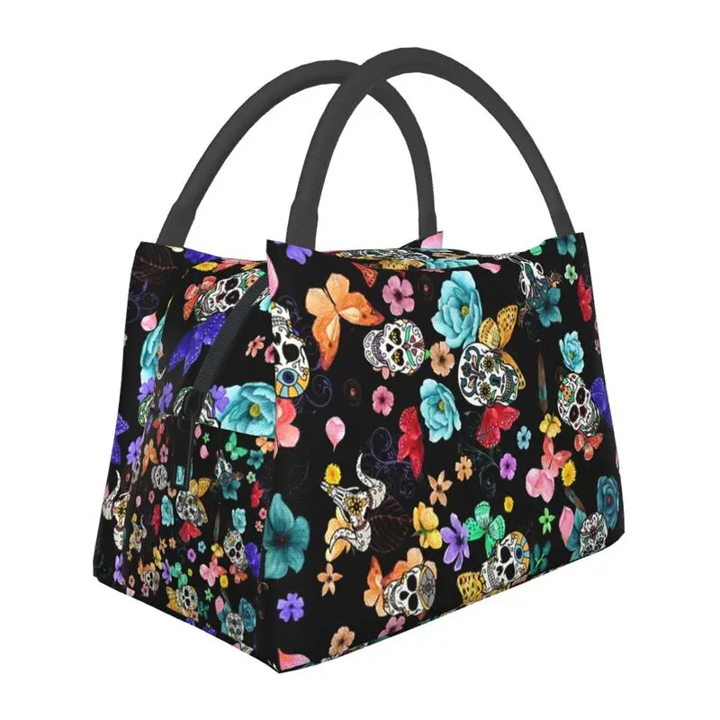 

Sugar Skulls Flower Insulated Lunch Bags for Women Day Of The Dead Portable Cooler Thermal Food Lunch Box Outdoor Camping Travel