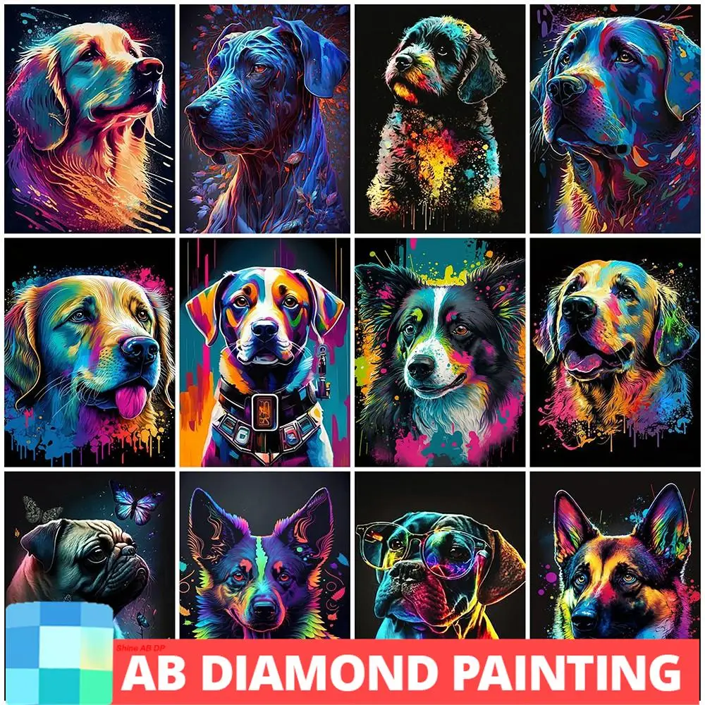 

AB Drills Diamond Embroidery Dog Colorful Diamond Painting Animal 5D Full Square Rhinestones Picture Art Home Decoration
