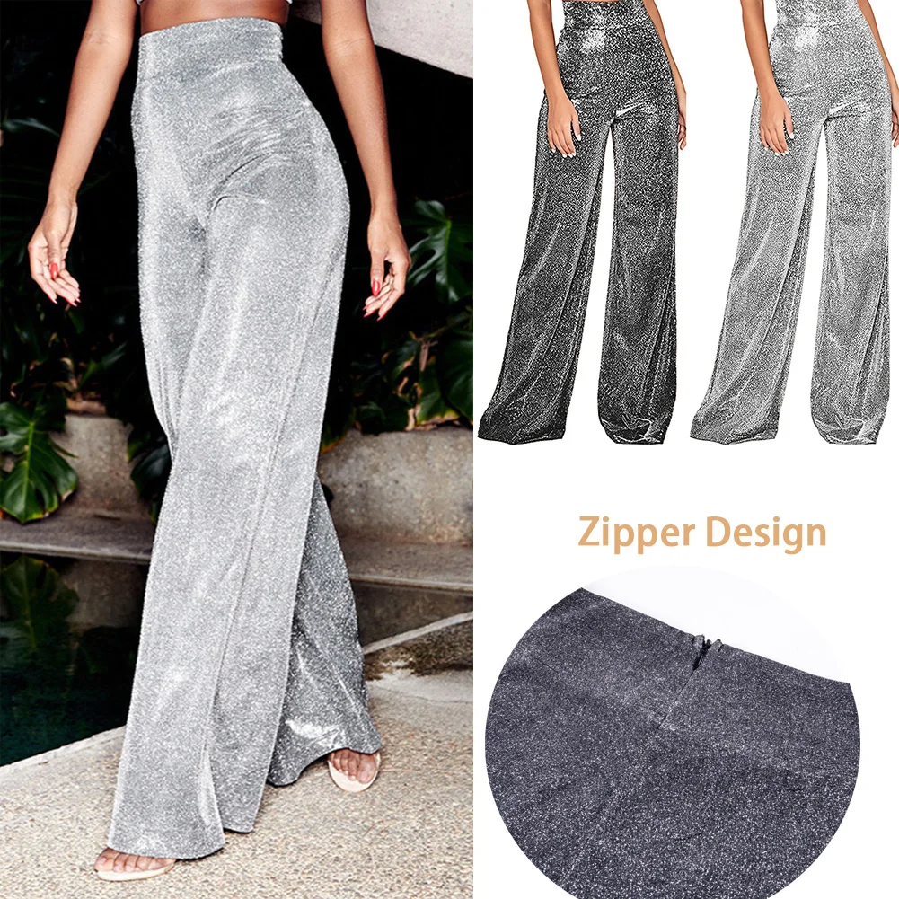 

High Waist Glitter Pants Women Silver Sparkly Flare Sequined Trousers Y2K Shiny Highstreet Glitter Sequin Straight Trousers 2023