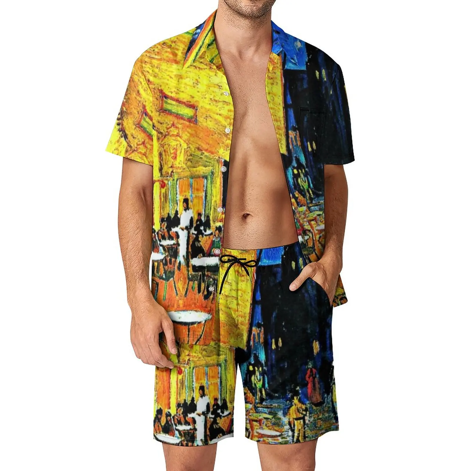 

Van Gogh Classic Men Sets Cafe Terrace Place Du Forum Casual Shorts Summer Hawaii Outdoor Shirt Set Short Sleeves Big Size Suit