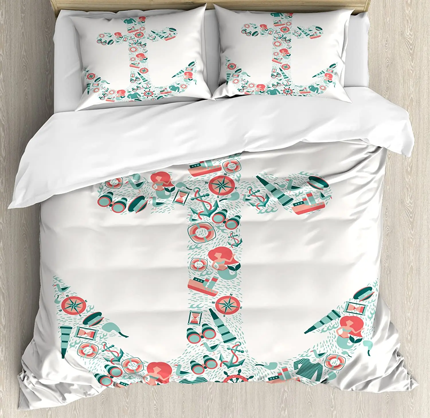 

Anchor Bedding Set For Bedroom Bed Home Nautical Icon Shape with Binoculars Captain Hat C Duvet Cover Quilt Cover And Pillowcase