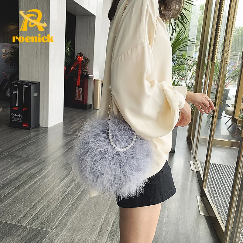 

ROENICK Women Pom Feather Evening Bags Pearl Handle Handbags Purse Banquet Cocktail Chain Shoulder Day Clutch Bolso Mujer