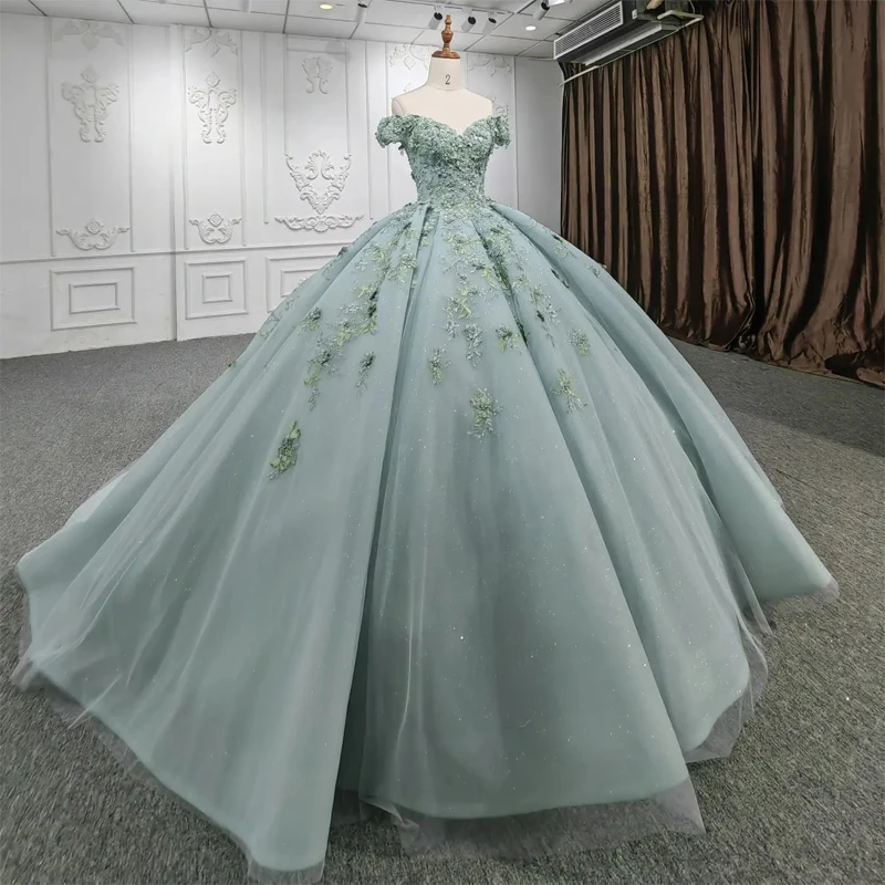 

Sage Green Shiny Emerald Green Ball Gown Quinceanera Dresses Off-Shoulder Beading 3D Flower Lace For 15th Birthday Party Prom