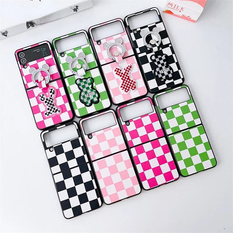 

Cute Colored Grids Finger Ring Phone Case For Samsung Galaxy Z Flip 3 4 Cover Lovely Aniaml Leather Back Cover For Z flip3 flip4