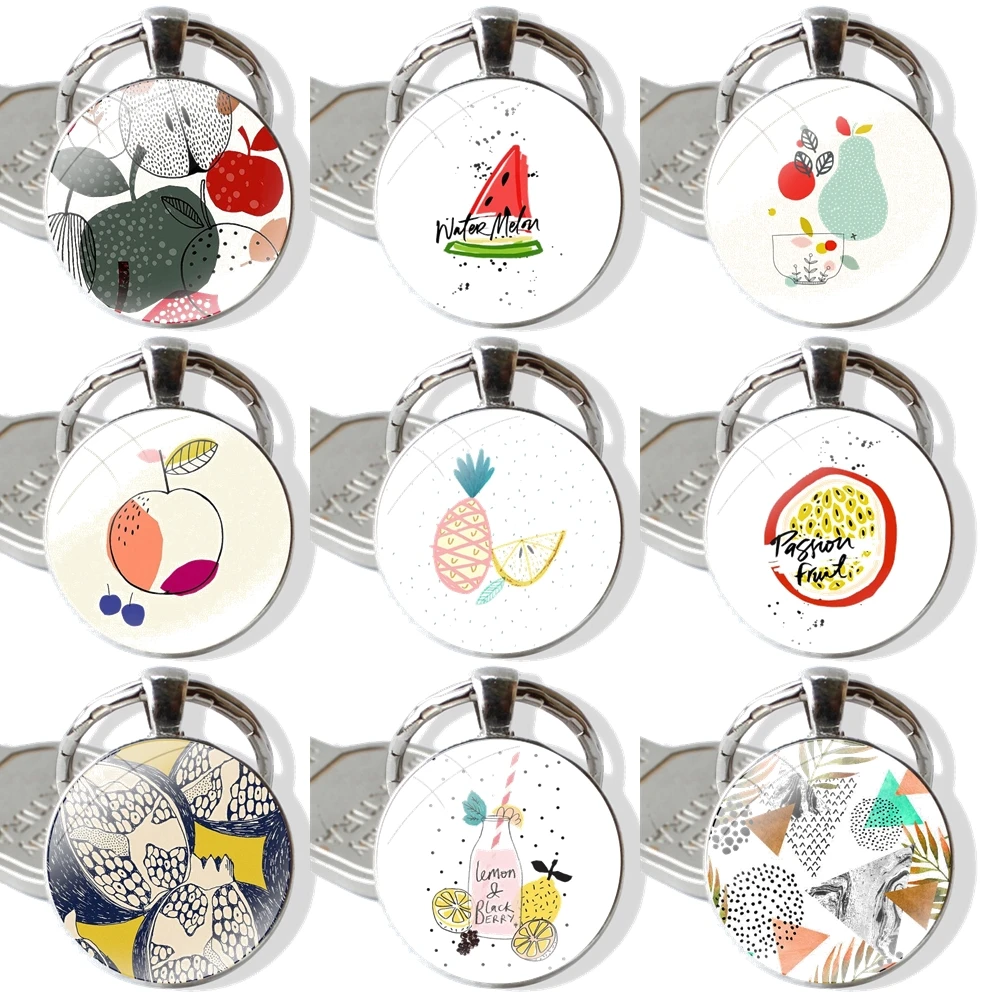 Брелок для ключей автомобиля в стиле ретро, модный креативный брелок с изображением линий фруктов, фруктов, кабошона, ручной работы, с мультяшным дизайном