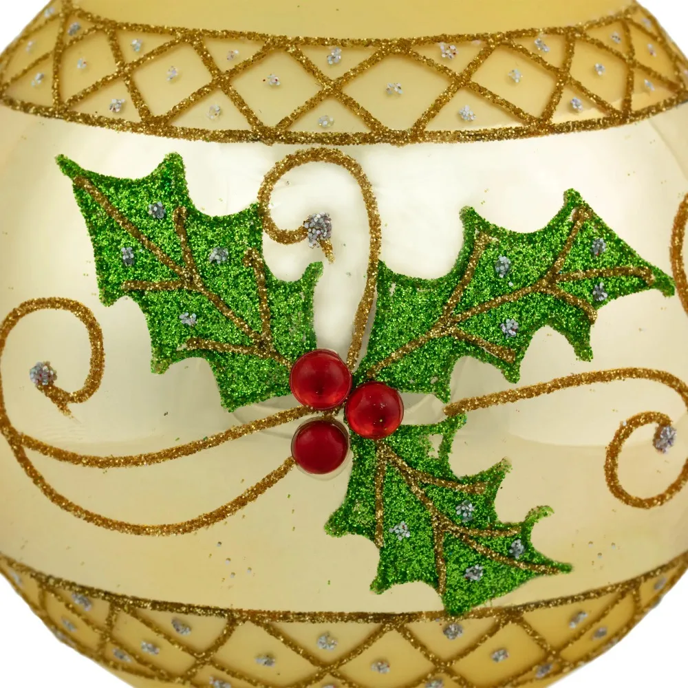 

Set of 2 Golden Glittered Holly and Berries Christmas Glass Ball Ornaments 4"