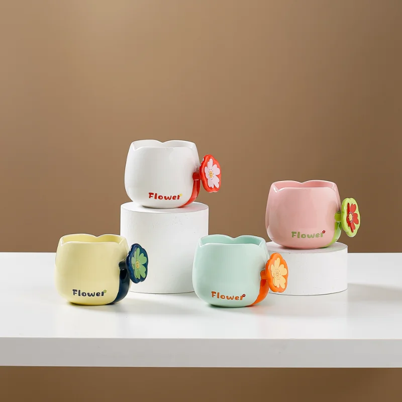 

300ml Creative Ins Trendy Sunflower Handle Mug High Beauty Personality Ceramic Cup Gift Couple Coffee Cup Household Tableware