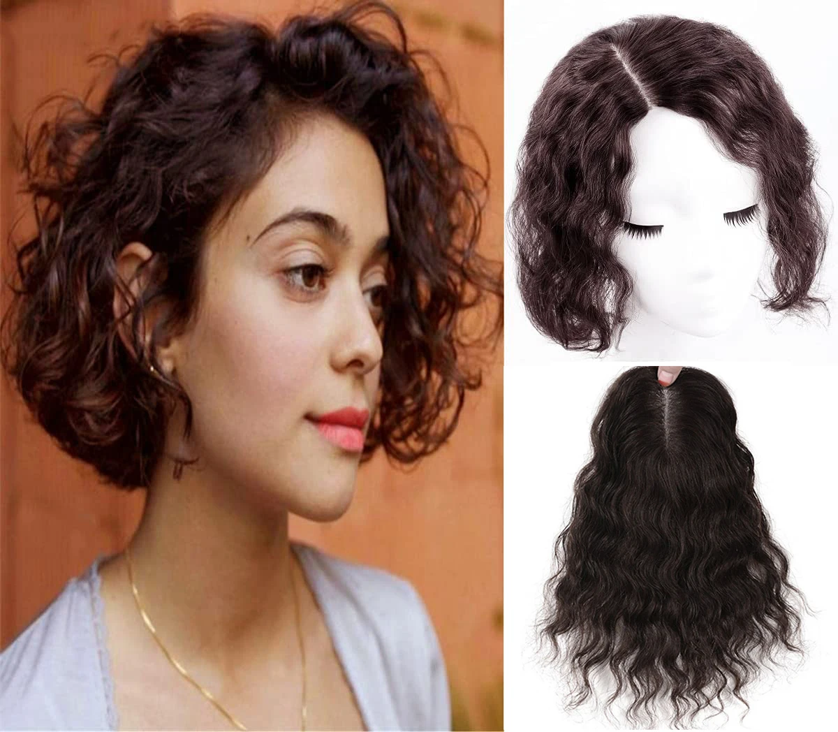 

Natural Black Hair Topper Hairpieces with Bangs for Women Silk Base Human Hair Clip in Crown Toppers for Thinning Hair