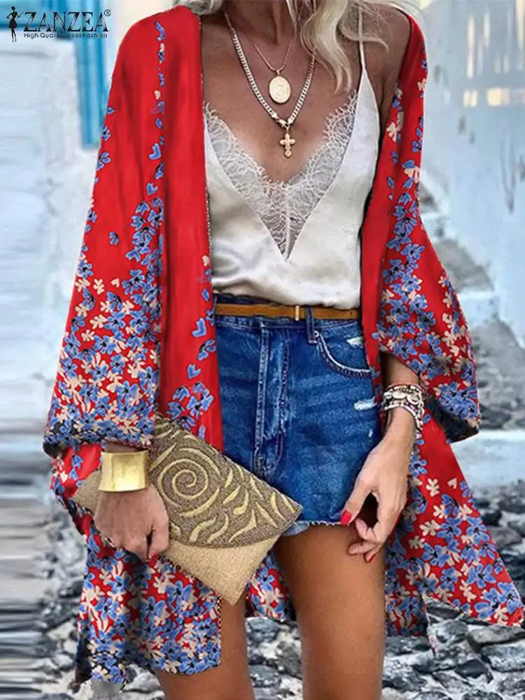 

ZANZEA Summer Women Beach Holiday Kimono Top Bohemian Printed Long Cardigan Vintage Long Sleeve Blusas Loose Long Shirt Oversize