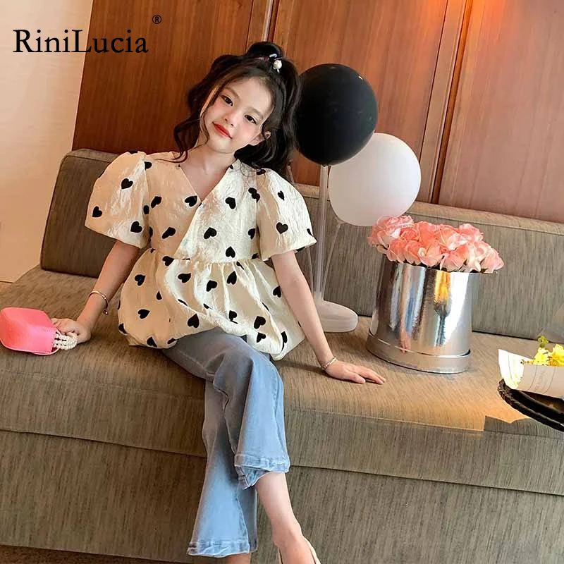

RiniLucia 2023 New Summer Baby Girls Blouses Short Sleeve Print Girls Tops Clothes Fashion Kids Girl Shirts Children Clothing