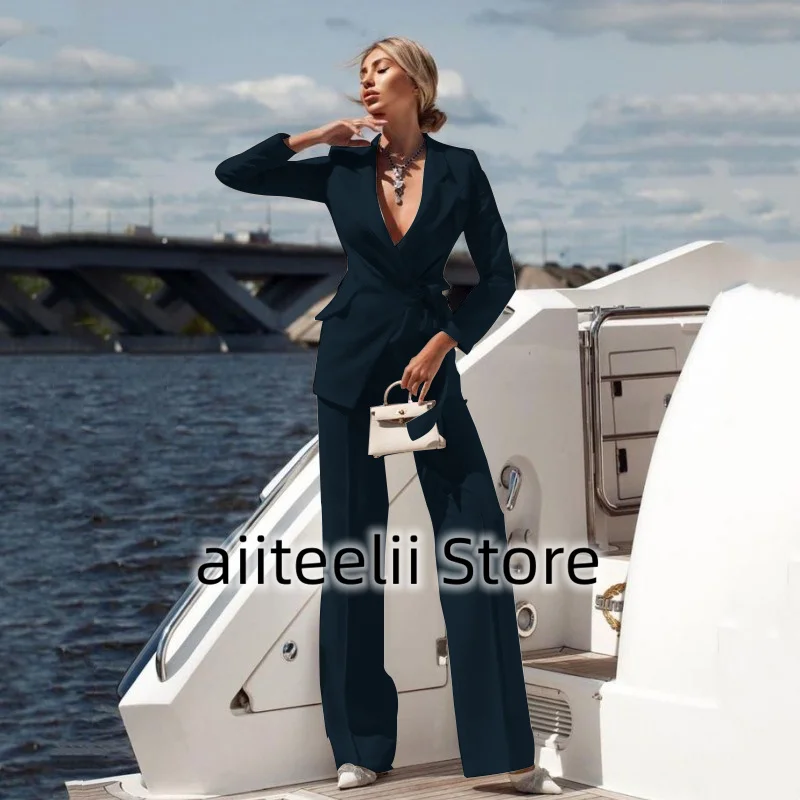 Women's Suit Two-piece Suit Fashion Pure White Handsome Lapel Collar (Jacket + Trousers) With Belt Deep V Suitable for Business