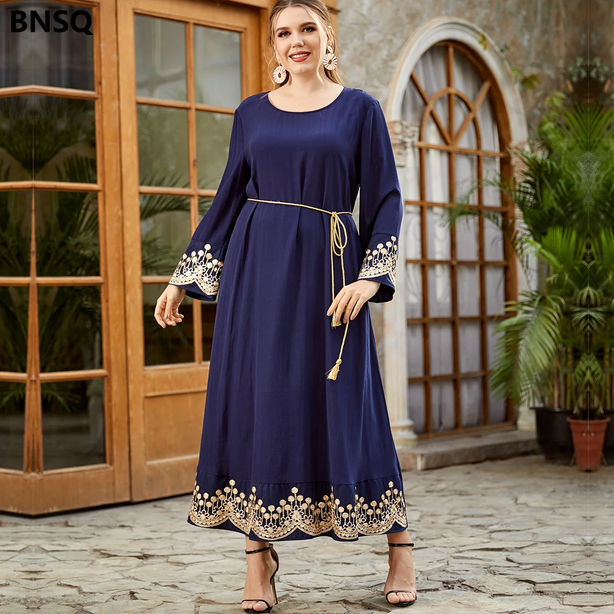 

New Women's Dress Leisure Long Sleeve National Style Blue Lace Embroidery Sequin Red Muslim Maxi Dresses Round Neck With Belted