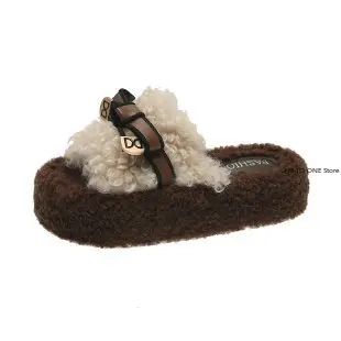 Обувь Женские тапочки на платформе из флока с мехом Шлепанцы средним носком