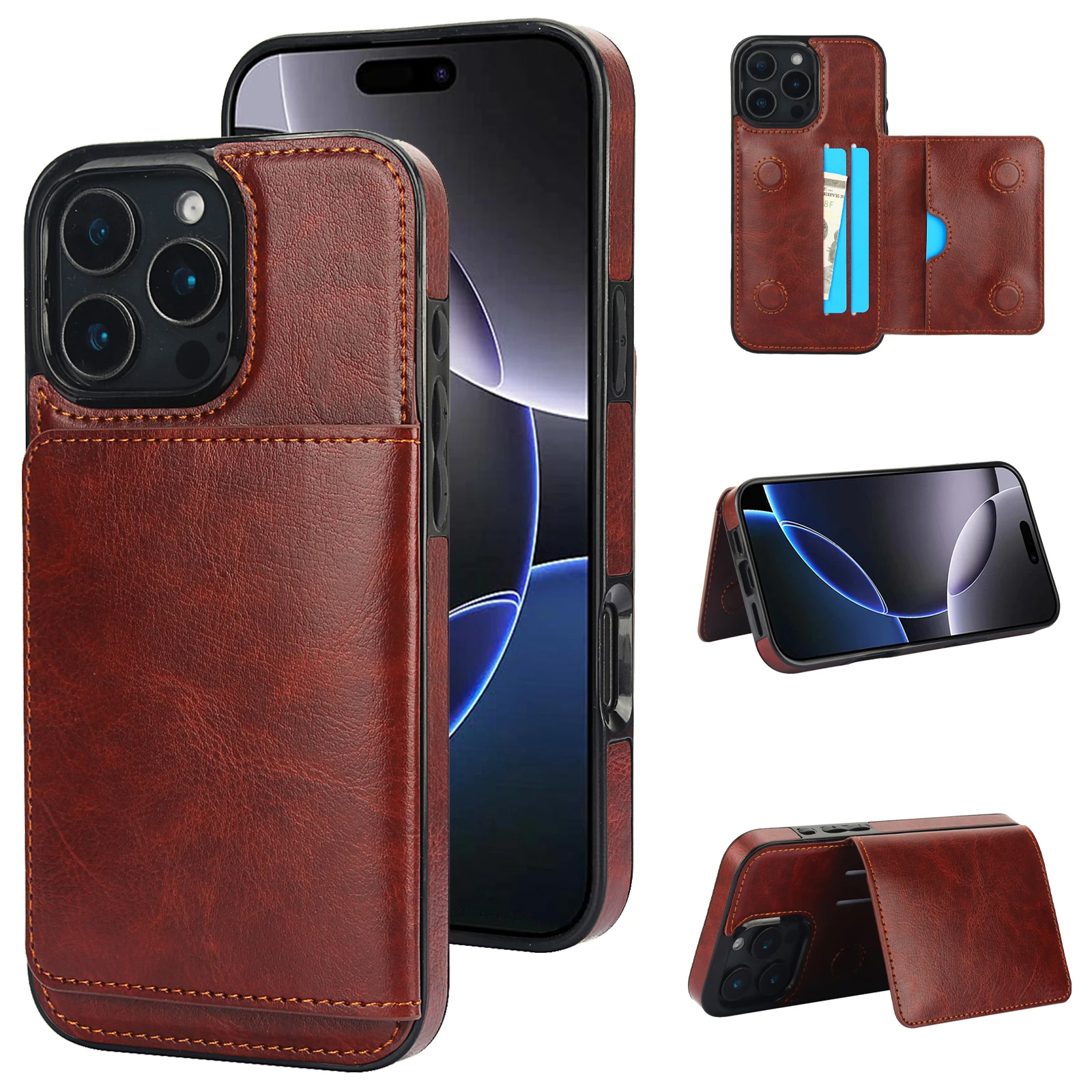 Противоударный кожаный чехол-кошелек с держателем для карт iPhone 16 Pro Max 15 14 13 12 11 XR XS