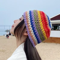 japanese harajuku style female knitting bucket hats hollow out fashion fishing outdoor panama striped fisherman hat for women