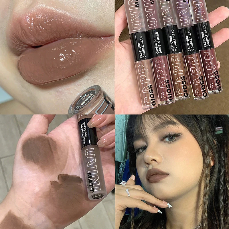 

2 In 1 Punk Dark Brown Lip Gloss Mirror Transparent Glass Lip Glaze Lava Chocolate Liquid Lipstick Non-stick Lip Tint Makeup