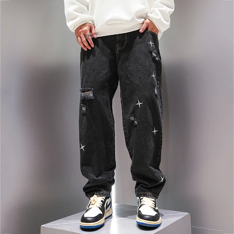 Four Seasons Retro Hole Embroidered Jeans Men's Trend Straight Loose American Retro High Street Casual Pants Fashion Streetwear