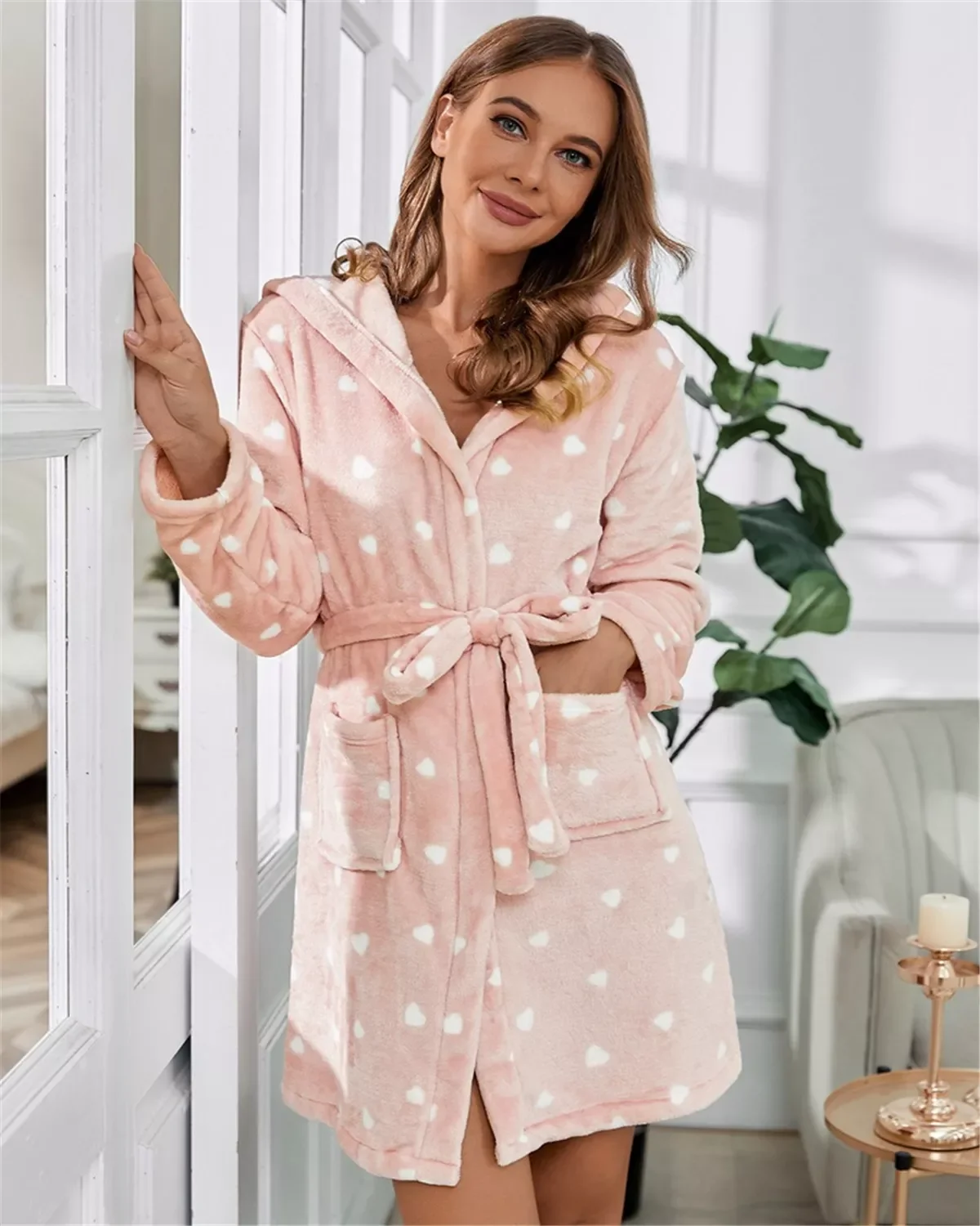 

Winter Women Flannel Robes Pajama Thicken Soft Cute Print Long-sleeved Hooded Bathrobe Nightwear Nightgown With Pockets
