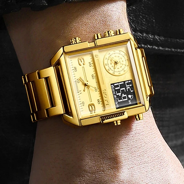 Original Men Sports Wrist Watch Gold Quartz Steel Waterproof Dual Display Clock Watches Relogio Masculino For Men 5