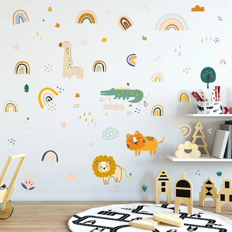 

Cartoon Lion Tiger Giraffe Wall Sticker Rainbow Children's Room Bedroom Wallpaper Nursery Home Decor Babys Room Art Wall Sticker