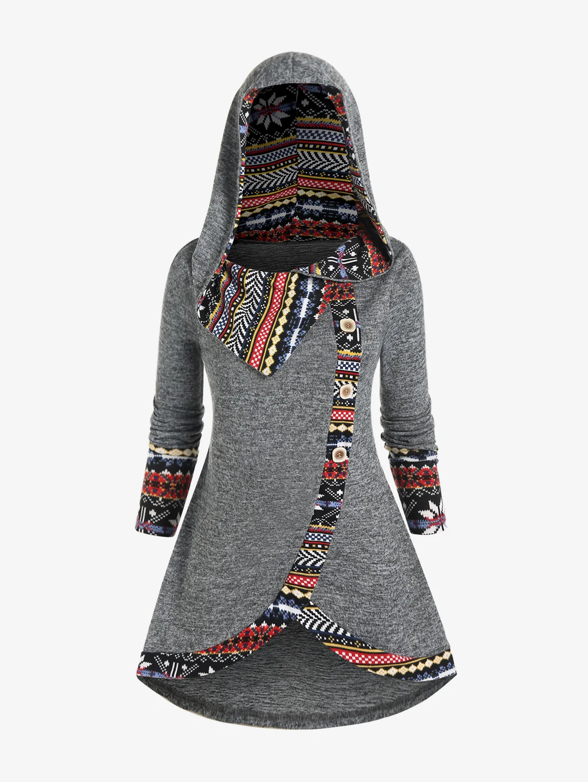 

ROSEGAL Ethnic Print Hooded Cinched Ruched Knitwear Plus Size Pullovers For Women Fall,Winter Tops Casual Longline Sweaters 4XL