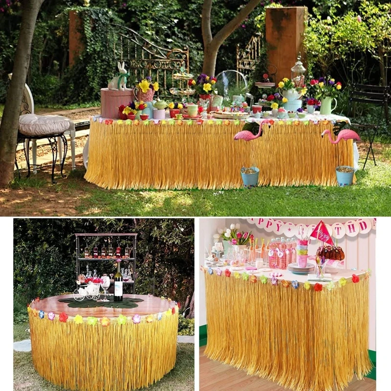 

Hawaiian Party Straw Color Grass Table Skirt for Summer Luau Tropical Beach Party Decoration Hawaii Birthday Wedding Supplies