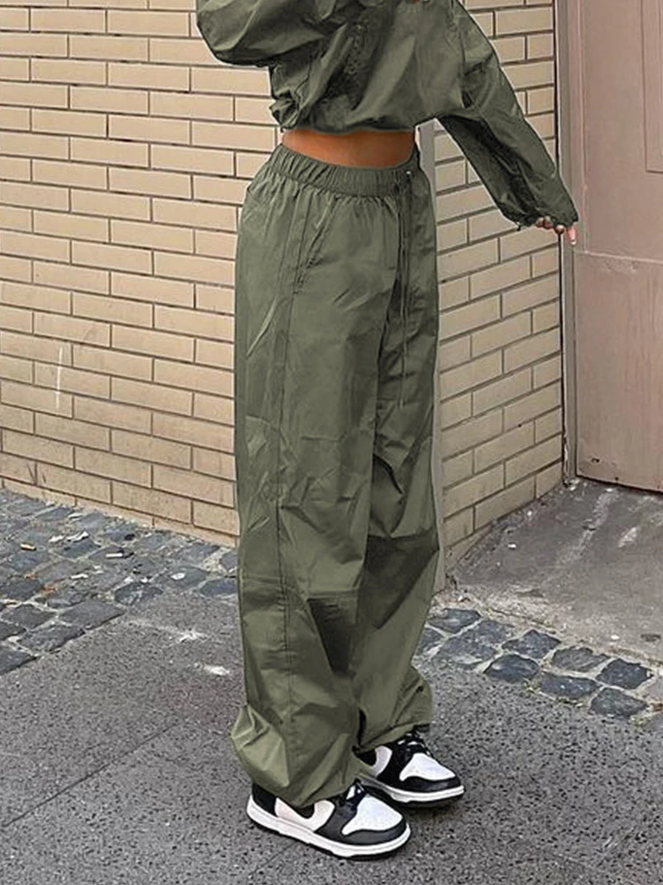 

Weekeep Baggy Jogging Sweatpants Green Wide Leg Fashion Casual Cargo Pants Elastic Low Rise Trousers Harajuku y2k Women Clothes