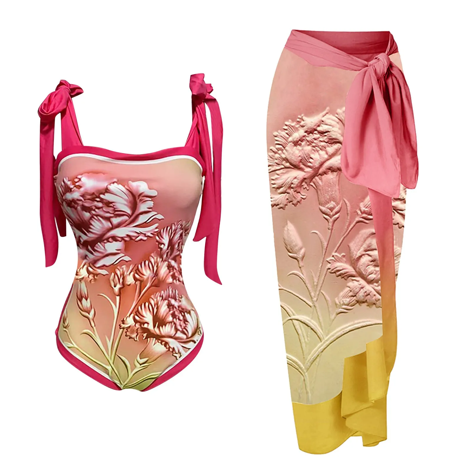 

Женский двухкомпонентный винтажный купальник с рельефным принтом