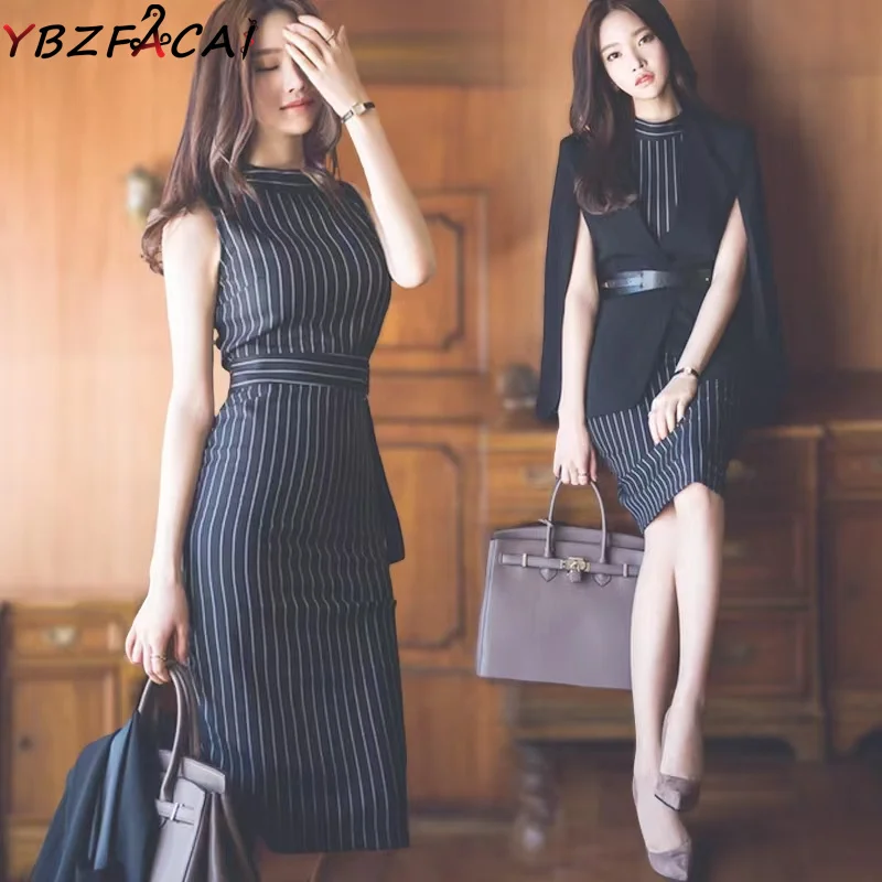 

OL Suit Set 2022 High Quality Fall Set Korean Women Black Suit Cape Jacket and O Neck Sleeveless Striped Slim Dress 2 Piece Set