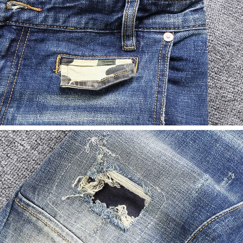 Fashion Spliced Designer Men Jeans Retro Blue Stretch Slim Fit Ripped Biker Jeans Homme Street Hip Hop Pants Men Hole Trousers